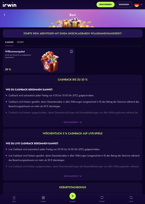 Willkommensbonus Irwin Casino<